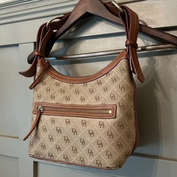 Dooney & Bourke Shoulder Bag Monogrammed Canvas Leather Trimmed Brown Tan - Picture 4 of 14